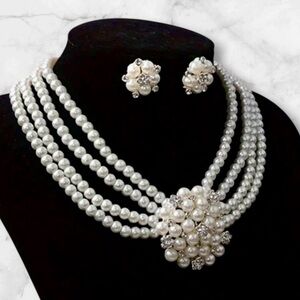 Classic White Pearl Multi-Strand Necklace & Earrings Set